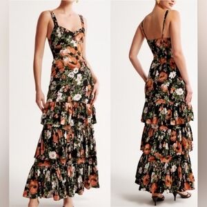 Abercrombie & Fitch Ruffle Tiered Black Orange Floral Maxi Dress Size XS